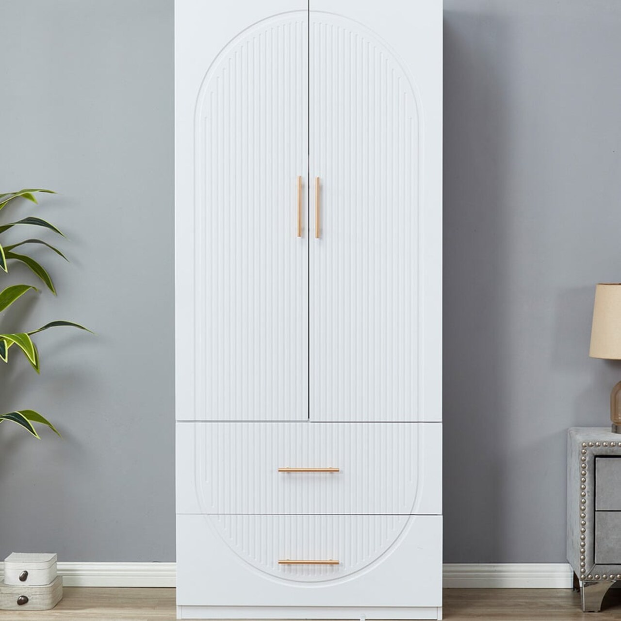 Livelylodge 74.2" H White 2 Doors 2 Drawers Modern Wooden Armoire Wardrobe Bedroom Freestanding Closet